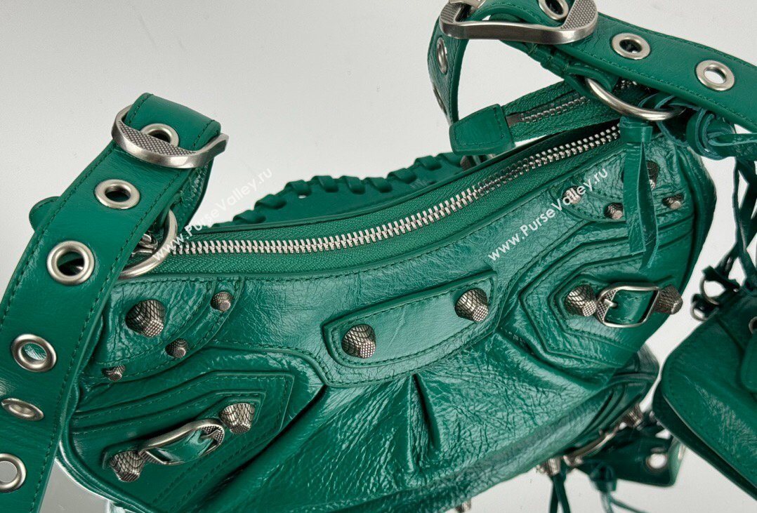 Balenciaga Le Cagole Shoulder Bag XS in Green Arena lambskin, aged-silver hardware 2026 BL701 (JM-260403015)