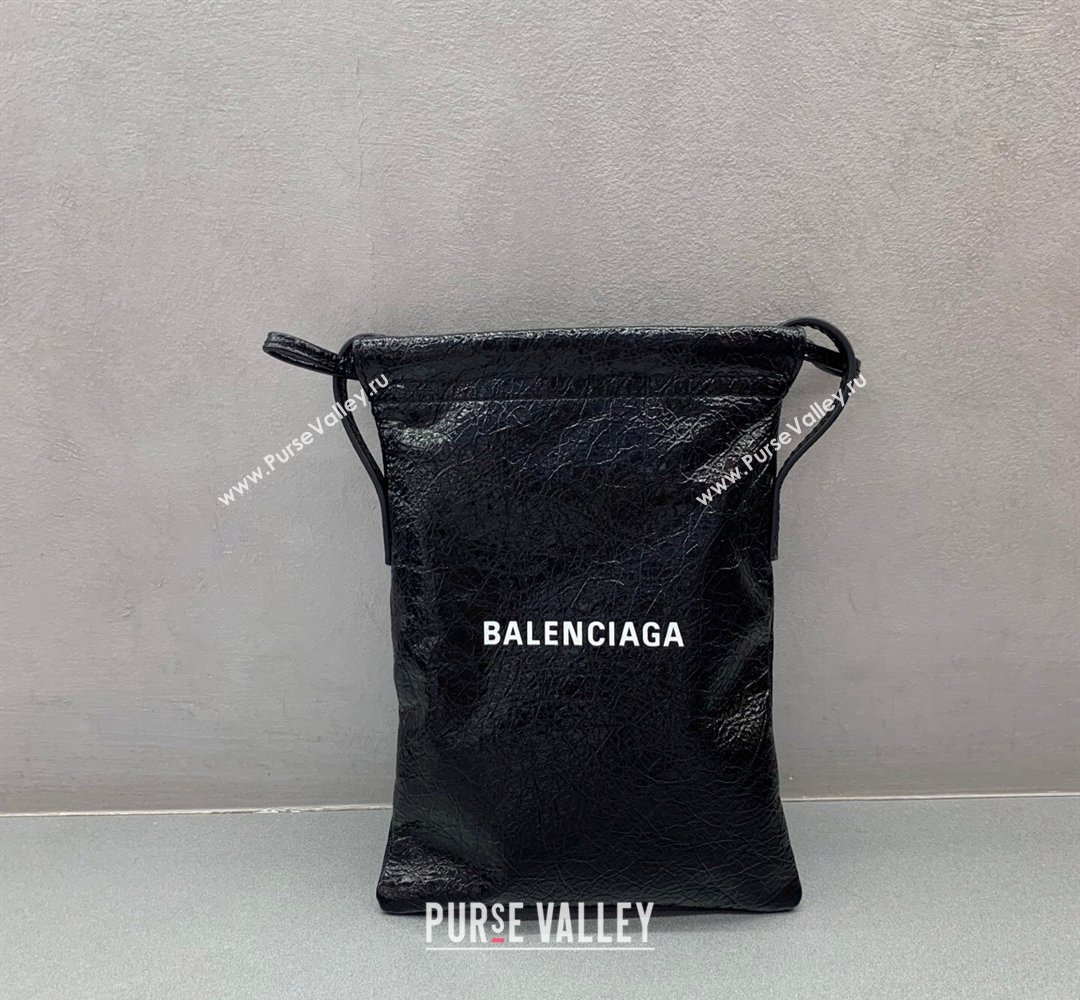 Balenciaga Mens Shopper Phone Holder Pouch in Black Arena lambskin, aged-silver hardware 2026 (JM-260403002)