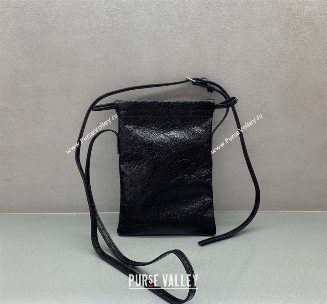 Balenciaga Mens Shopper Phone Holder Pouch in Black Arena lambskin, aged-silver hardware 2026 (JM-260403002)