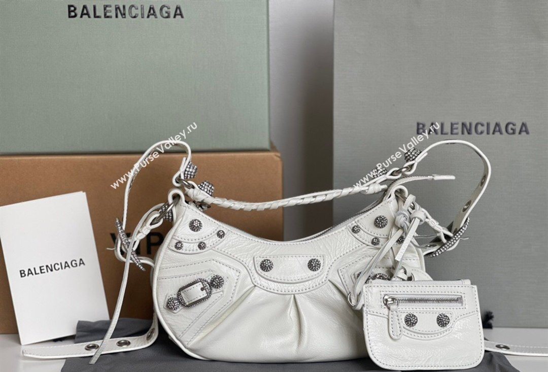 Balenciaga Le Cagole Shoulder Bag XS in White Arena lambskin, crystals hardware 2026 BL701 (JM-260403017)