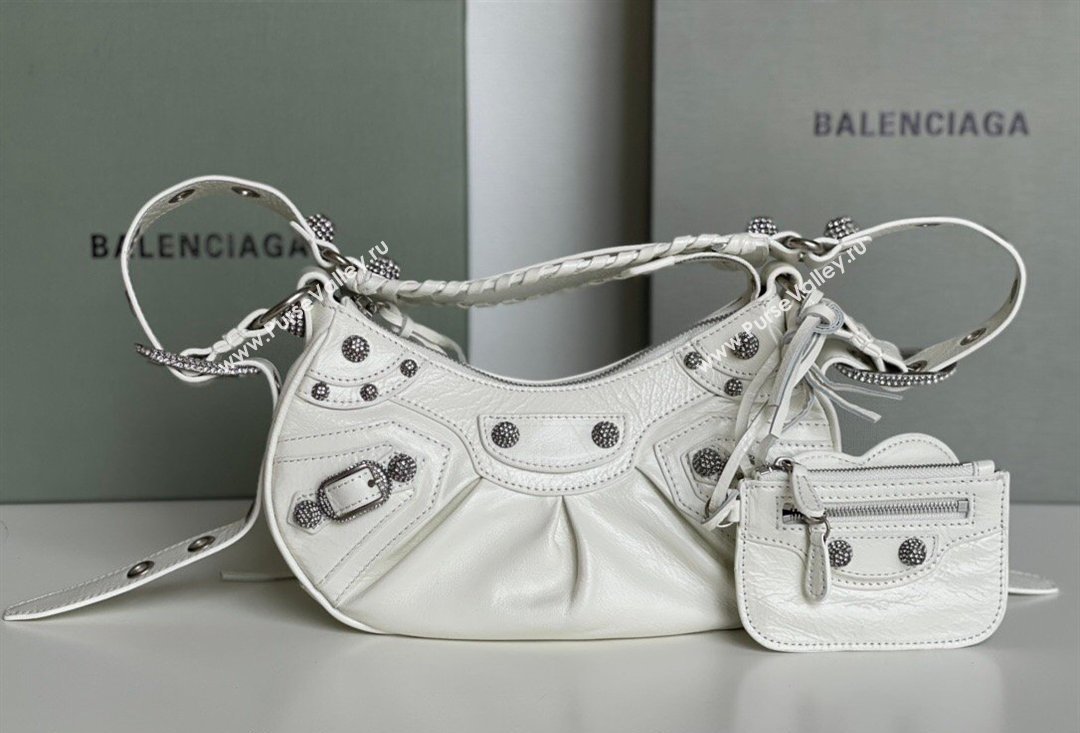 Balenciaga Le Cagole Shoulder Bag XS in White Arena lambskin, crystals hardware 2026 BL701 (JM-260403017)