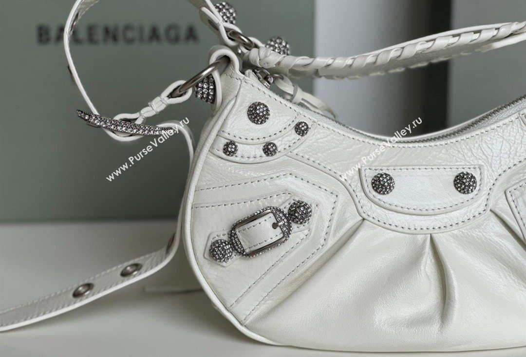 Balenciaga Le Cagole Shoulder Bag XS in White Arena lambskin, crystals hardware 2026 BL701 (JM-260403017)