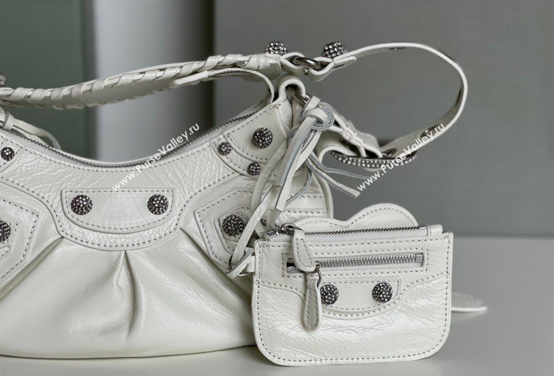 Balenciaga Le Cagole Shoulder Bag XS in White Arena lambskin, crystals hardware 2026 BL701 (JM-260403017)