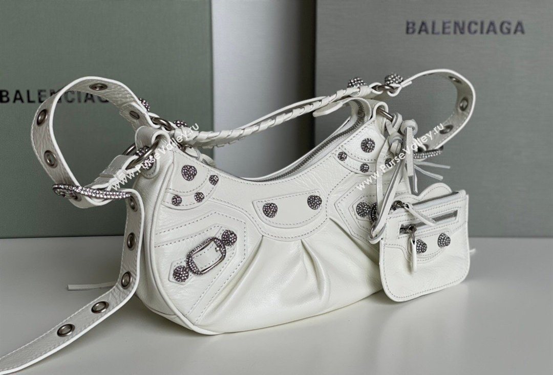 Balenciaga Le Cagole Shoulder Bag XS in White Arena lambskin, crystals hardware 2026 BL701 (JM-260403017)
