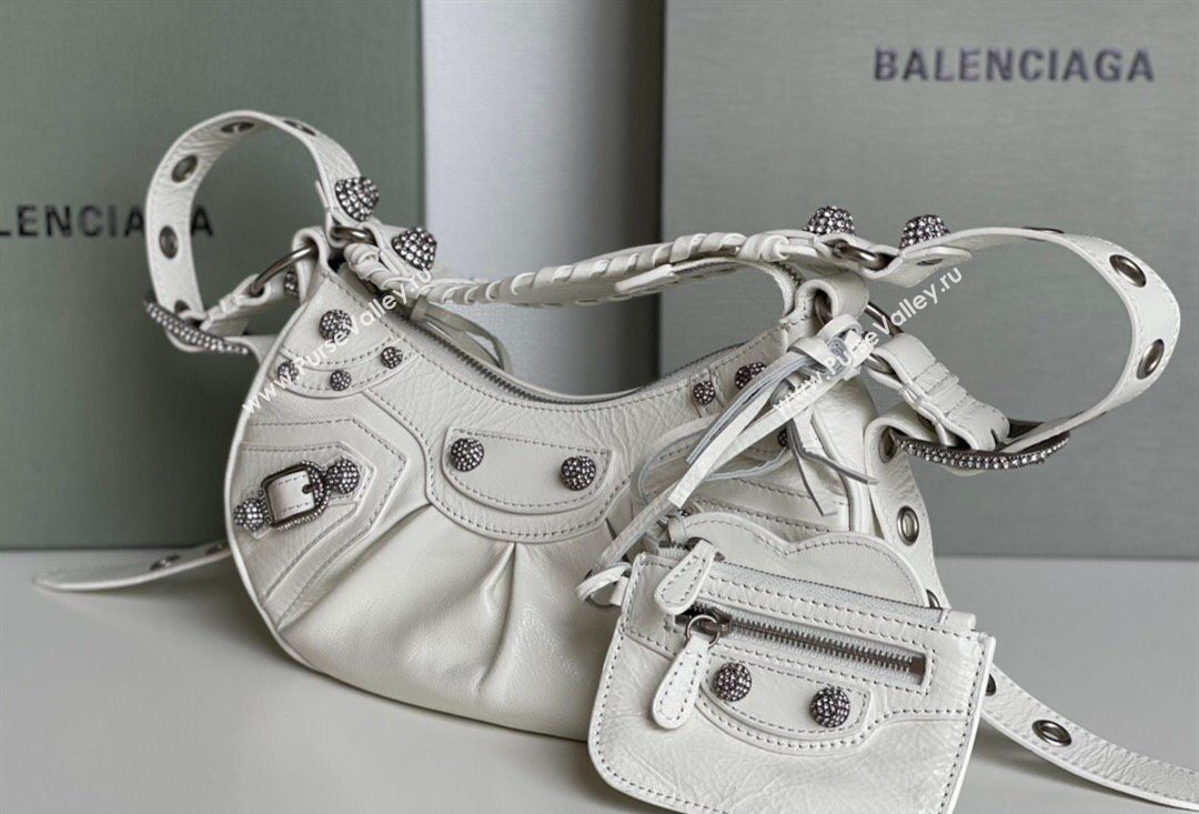 Balenciaga Le Cagole Shoulder Bag XS in White Arena lambskin, crystals hardware 2026 BL701 (JM-260403017)