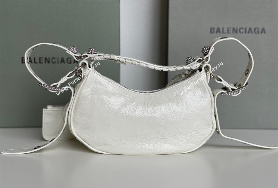 Balenciaga Le Cagole Shoulder Bag XS in White Arena lambskin, crystals hardware 2026 BL701 (JM-260403017)