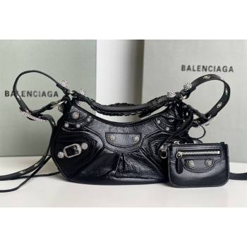 Balenciaga Le Cagole Shoulder Bag XS in Black Arena lambskin, crytsals hardware 2026 BL701 (JM-260403018)