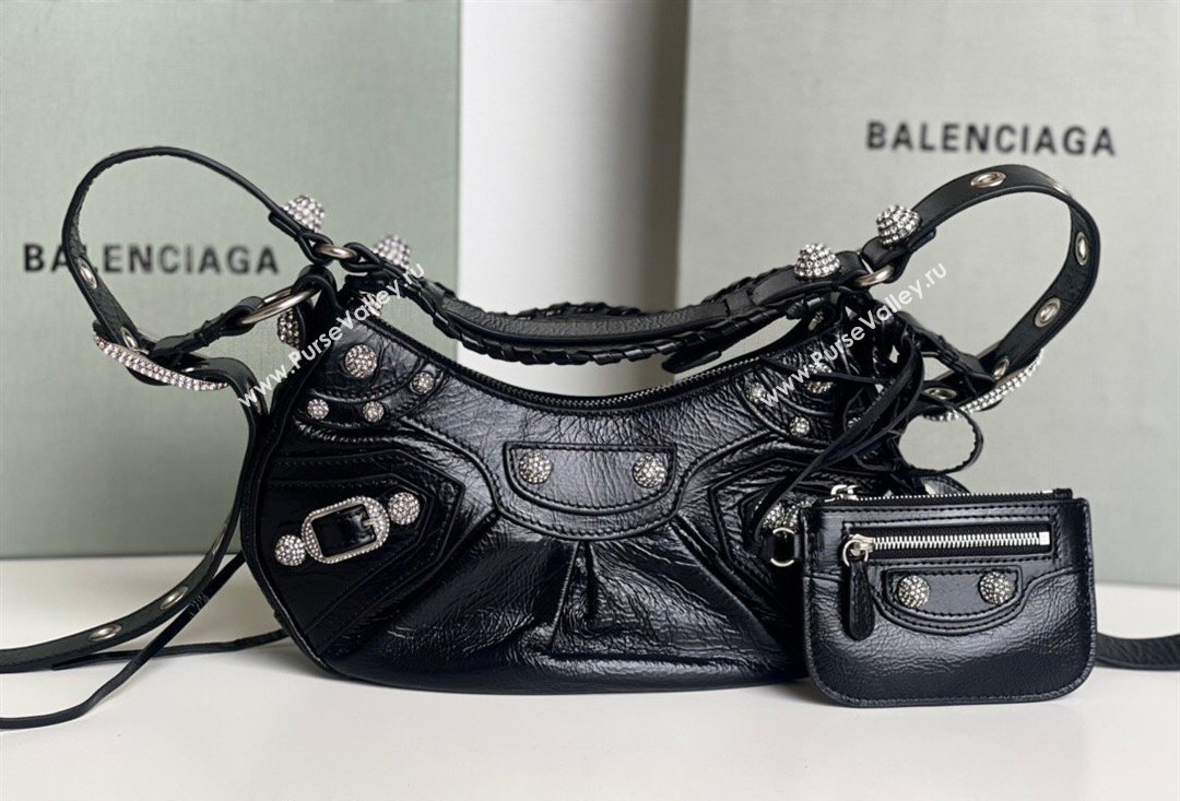 Balenciaga Le Cagole Shoulder Bag XS in Black Arena lambskin, crytsals hardware 2026 BL701 (JM-260403018)