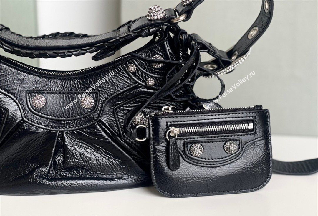 Balenciaga Le Cagole Shoulder Bag XS in Black Arena lambskin, crytsals hardware 2026 BL701 (JM-260403018)
