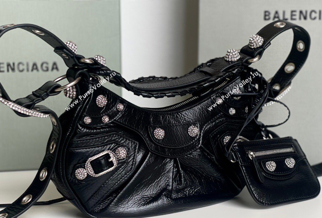 Balenciaga Le Cagole Shoulder Bag XS in Black Arena lambskin, crytsals hardware 2026 BL701 (JM-260403018)