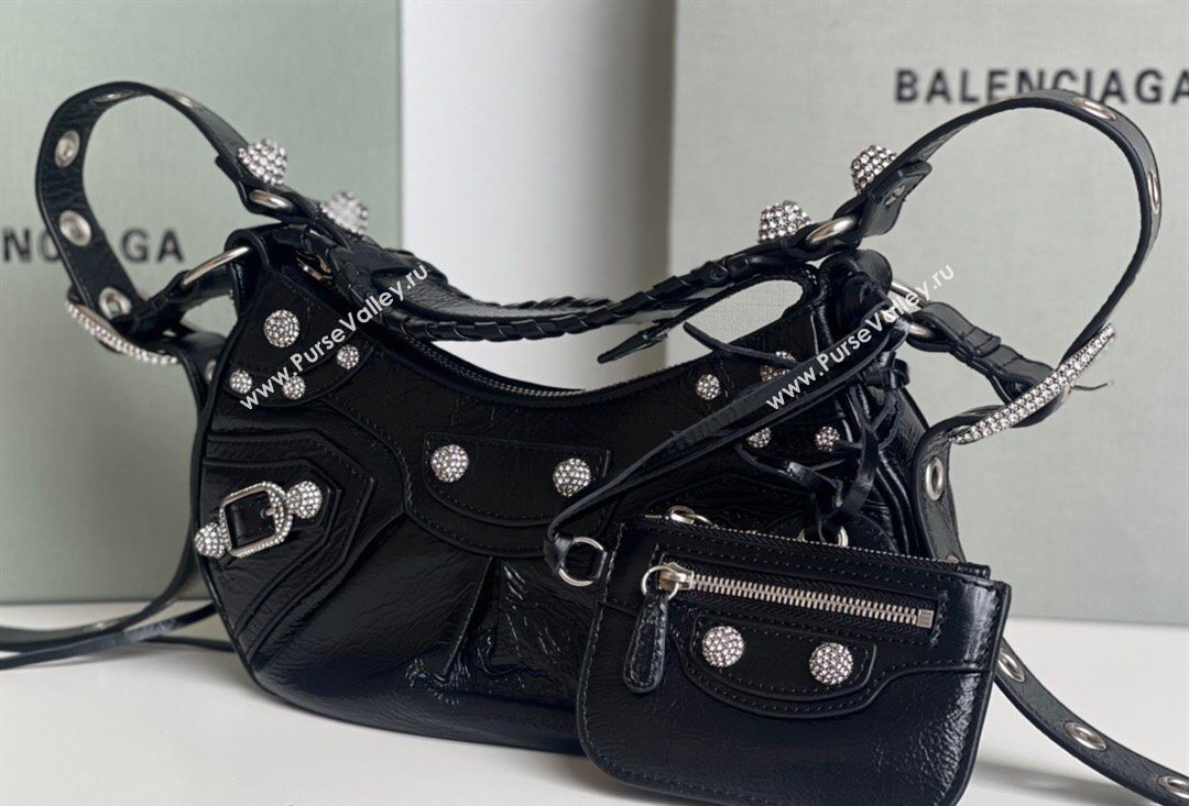 Balenciaga Le Cagole Shoulder Bag XS in Black Arena lambskin, crytsals hardware 2026 BL701 (JM-260403018)