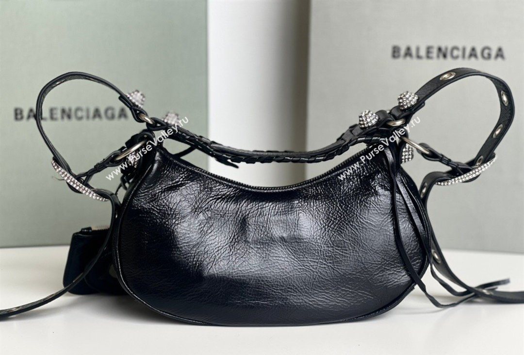 Balenciaga Le Cagole Shoulder Bag XS in Black Arena lambskin, crytsals hardware 2026 BL701 (JM-260403018)