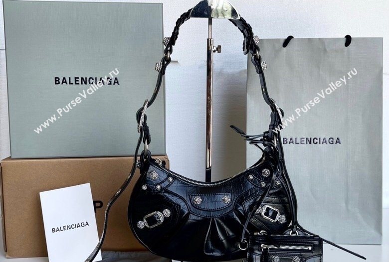 Balenciaga Le Cagole Shoulder Bag XS in Black Crocodile Embossed Leather, crystals hardware 2026 BL701 (JM-260403019)
