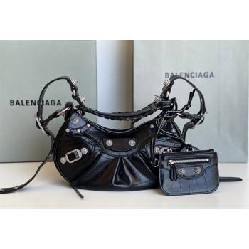 Balenciaga Le Cagole Shoulder Bag XS in Black Crocodile Embossed Leather, crystals hardware 2026 BL701 (JM-260403019)
