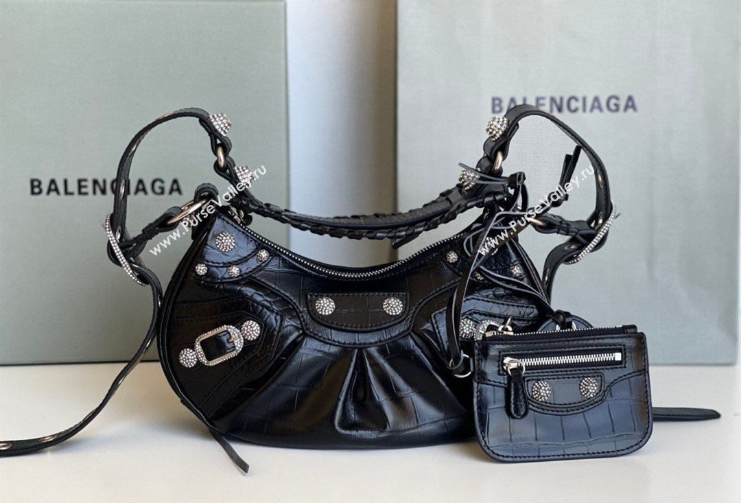 Balenciaga Le Cagole Shoulder Bag XS in Black Crocodile Embossed Leather, crystals hardware 2026 BL701 (JM-260403019)