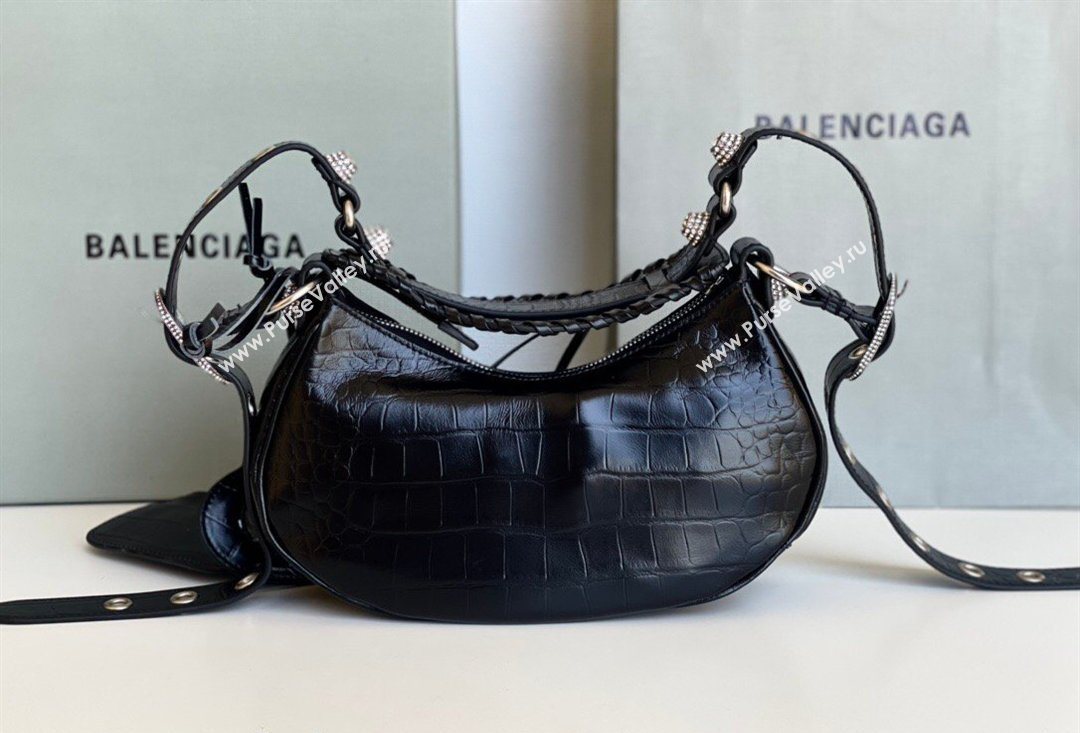 Balenciaga Le Cagole Shoulder Bag XS in Black Crocodile Embossed Leather, crystals hardware 2026 BL701 (JM-260403019)