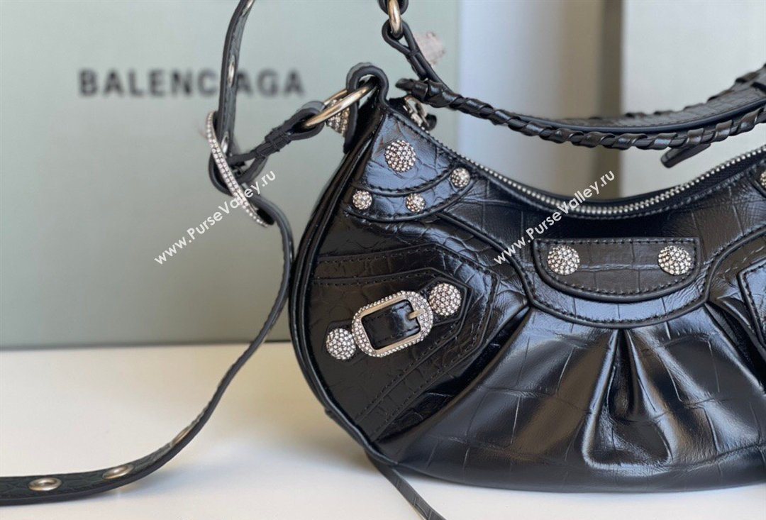 Balenciaga Le Cagole Shoulder Bag XS in Black Crocodile Embossed Leather, crystals hardware 2026 BL701 (JM-260403019)