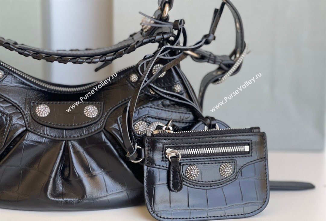 Balenciaga Le Cagole Shoulder Bag XS in Black Crocodile Embossed Leather, crystals hardware 2026 BL701 (JM-260403019)