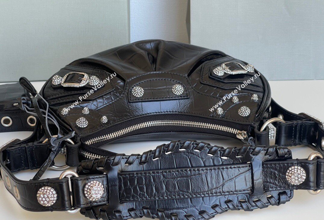 Balenciaga Le Cagole Shoulder Bag XS in Black Crocodile Embossed Leather, crystals hardware 2026 BL701 (JM-260403019)