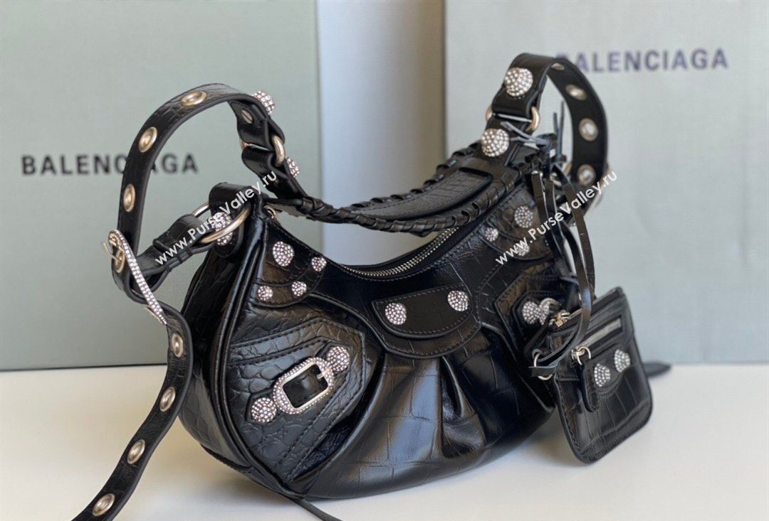 Balenciaga Le Cagole Shoulder Bag XS in Black Crocodile Embossed Leather, crystals hardware 2026 BL701 (JM-260403019)