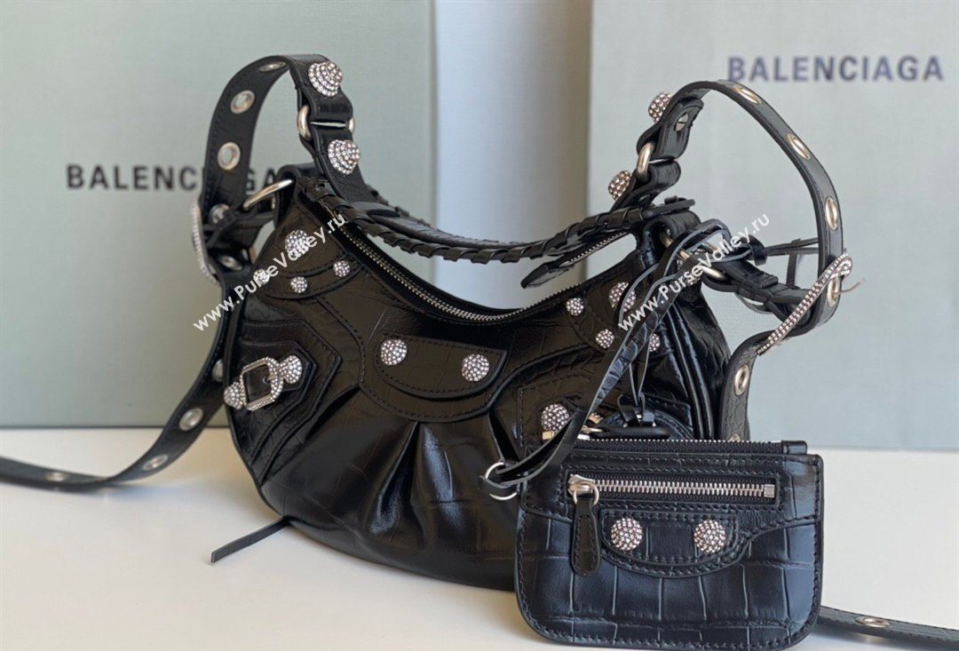 Balenciaga Le Cagole Shoulder Bag XS in Black Crocodile Embossed Leather, crystals hardware 2026 BL701 (JM-260403019)