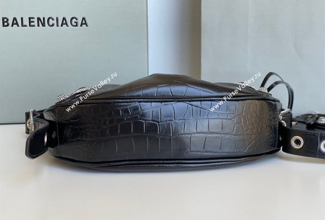 Balenciaga Le Cagole Shoulder Bag XS in Black Crocodile Embossed Leather, crystals hardware 2026 BL701 (JM-260403019)