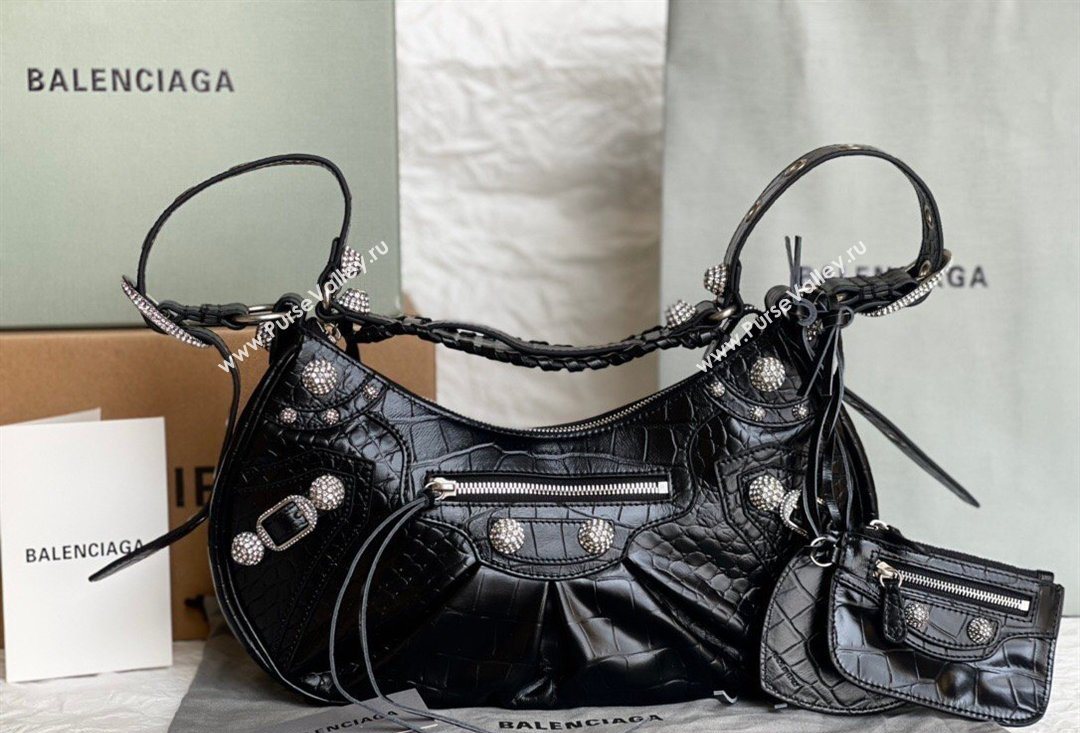 Balenciaga Le Cagole Shoulder Bag Small in Black Crocodile Embossed Leather, crystals hardware 2026 BL701 (JM-260403020)