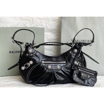 Balenciaga Le Cagole Shoulder Bag Small in Black Crocodile Embossed Leather, crystals hardware 2026 BL701 (JM-260403020)