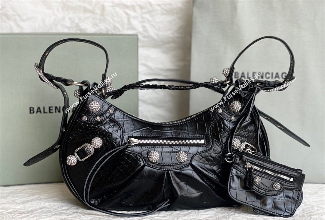 Balenciaga Le Cagole Shoulder Bag Small in Black Crocodile Embossed Leather, crystals hardware 2026 BL701 (JM-260403020)
