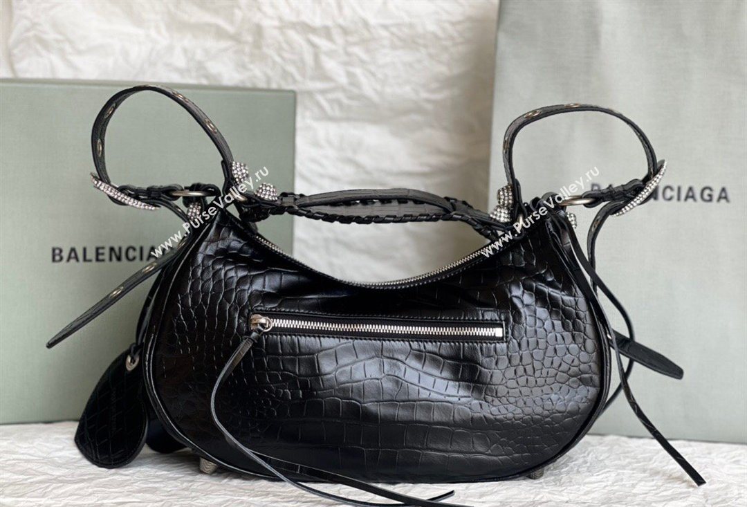 Balenciaga Le Cagole Shoulder Bag Small in Black Crocodile Embossed Leather, crystals hardware 2026 BL701 (JM-260403020)