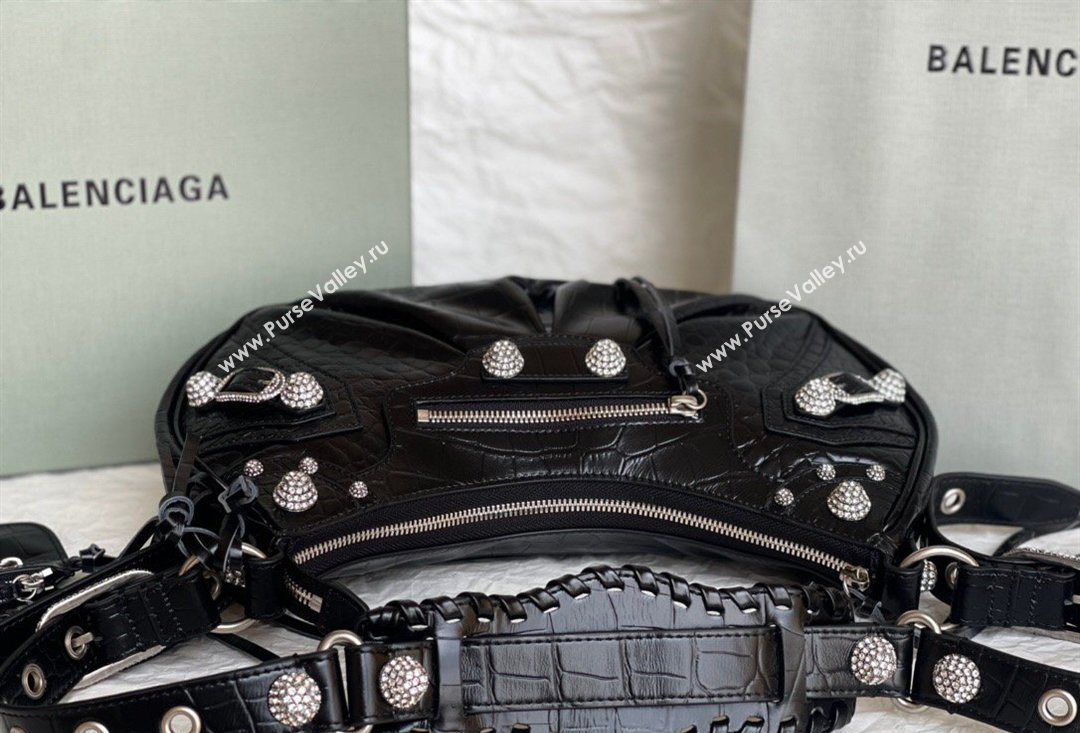 Balenciaga Le Cagole Shoulder Bag Small in Black Crocodile Embossed Leather, crystals hardware 2026 BL701 (JM-260403020)