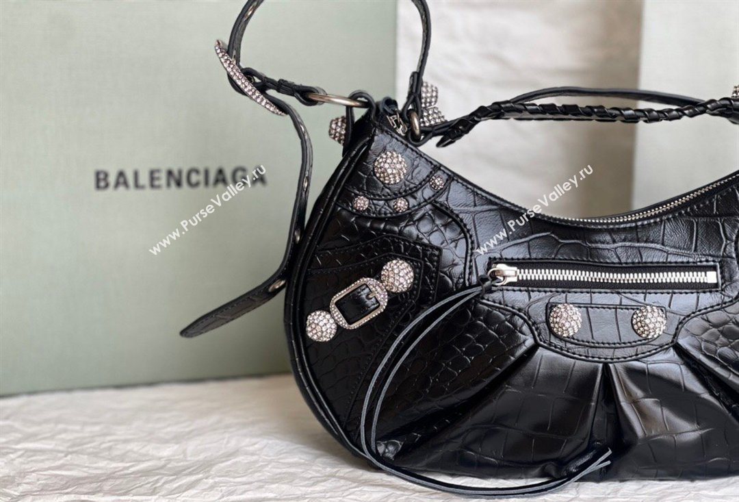Balenciaga Le Cagole Shoulder Bag Small in Black Crocodile Embossed Leather, crystals hardware 2026 BL701 (JM-260403020)