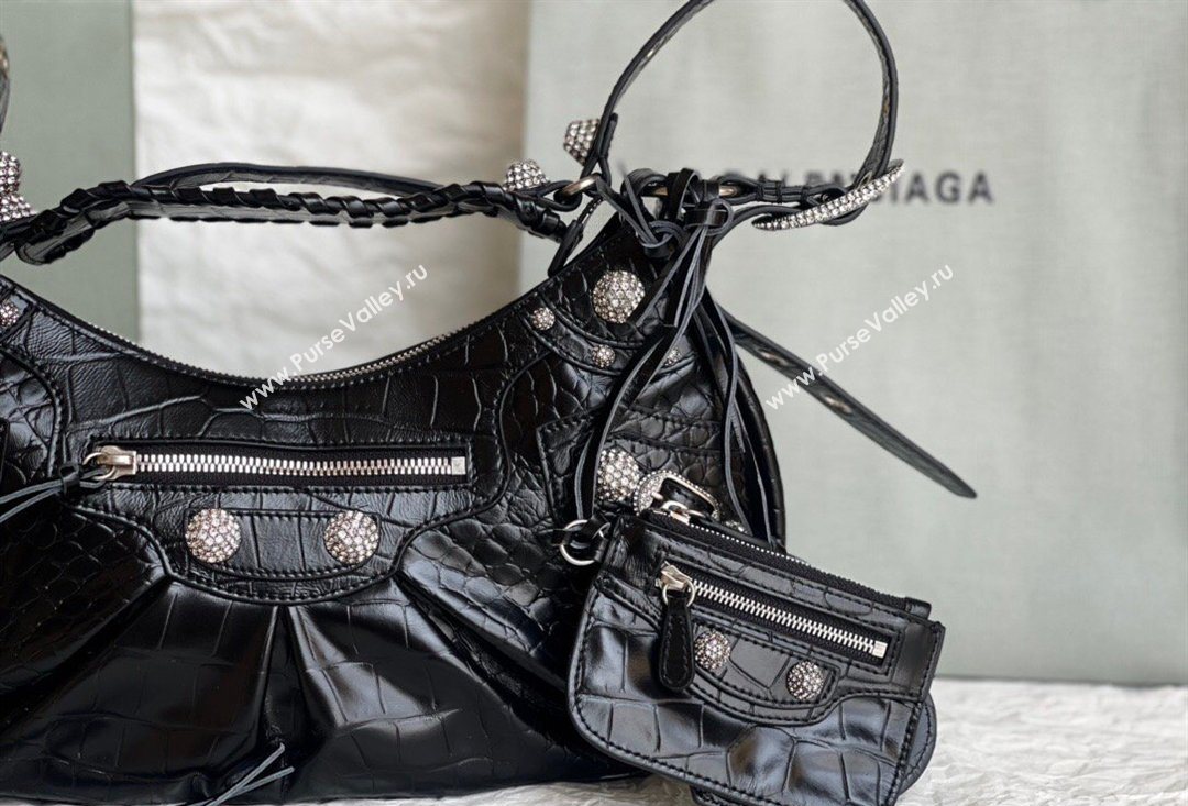 Balenciaga Le Cagole Shoulder Bag Small in Black Crocodile Embossed Leather, crystals hardware 2026 BL701 (JM-260403020)