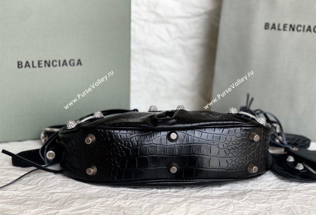 Balenciaga Le Cagole Shoulder Bag Small in Black Crocodile Embossed Leather, crystals hardware 2026 BL701 (JM-260403020)