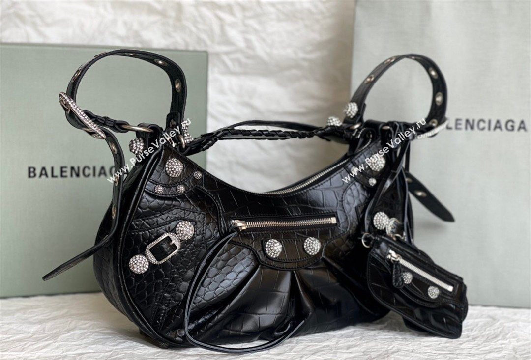 Balenciaga Le Cagole Shoulder Bag Small in Black Crocodile Embossed Leather, crystals hardware 2026 BL701 (JM-260403020)
