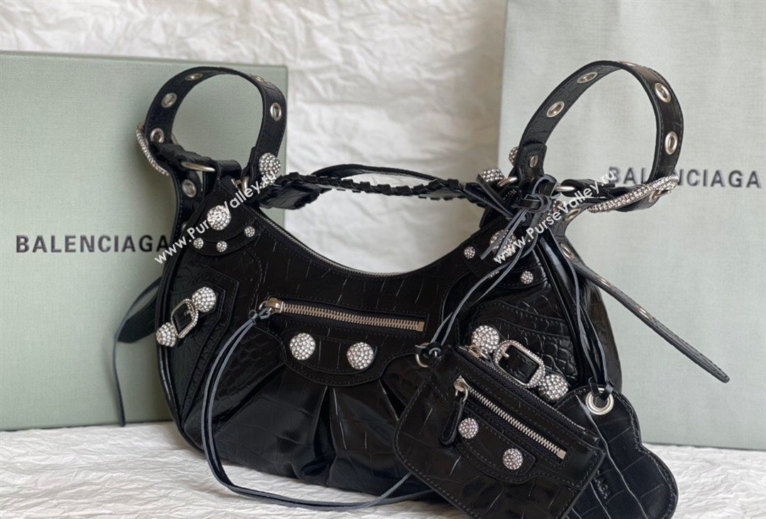 Balenciaga Le Cagole Shoulder Bag Small in Black Crocodile Embossed Leather, crystals hardware 2026 BL701 (JM-260403020)