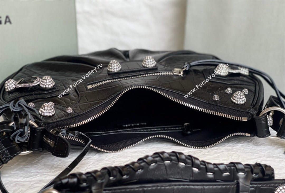 Balenciaga Le Cagole Shoulder Bag Small in Black Crocodile Embossed Leather, crystals hardware 2026 BL701 (JM-260403020)