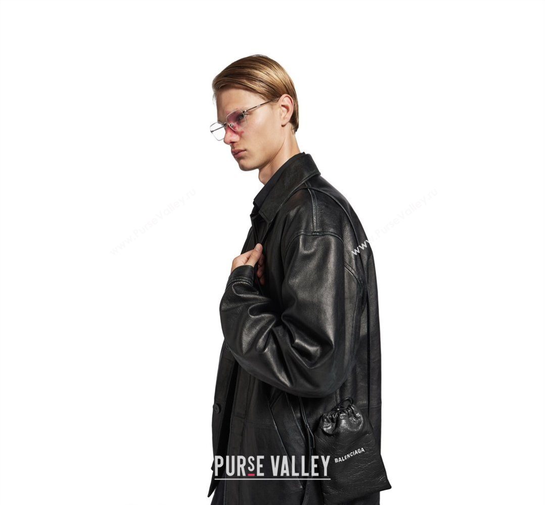 Balenciaga Mens Shopper Phone Holder Pouch in Black Arena lambskin, aged-silver hardware 2026 (JM-260403002)