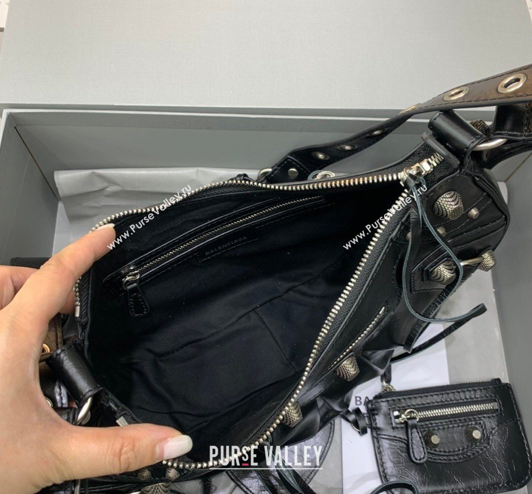 Balenciaga Le Cagole Shoulder Bag Small in Black Lambskin Leather, aged-silver hardware 2026 180607 (JM-260403024)