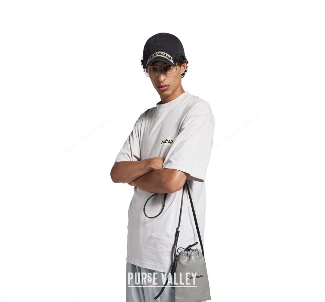 Balenciaga Mens Shopper Phone Holder Pouch in Grey Arena lambskin, aged-silver hardware 2026 (JM-260403001)