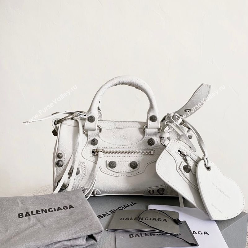 Balenciaga Le Cagole Mini Duffle Bag in white lambskin, aged-silver hardware 2026 (BI-260403037)