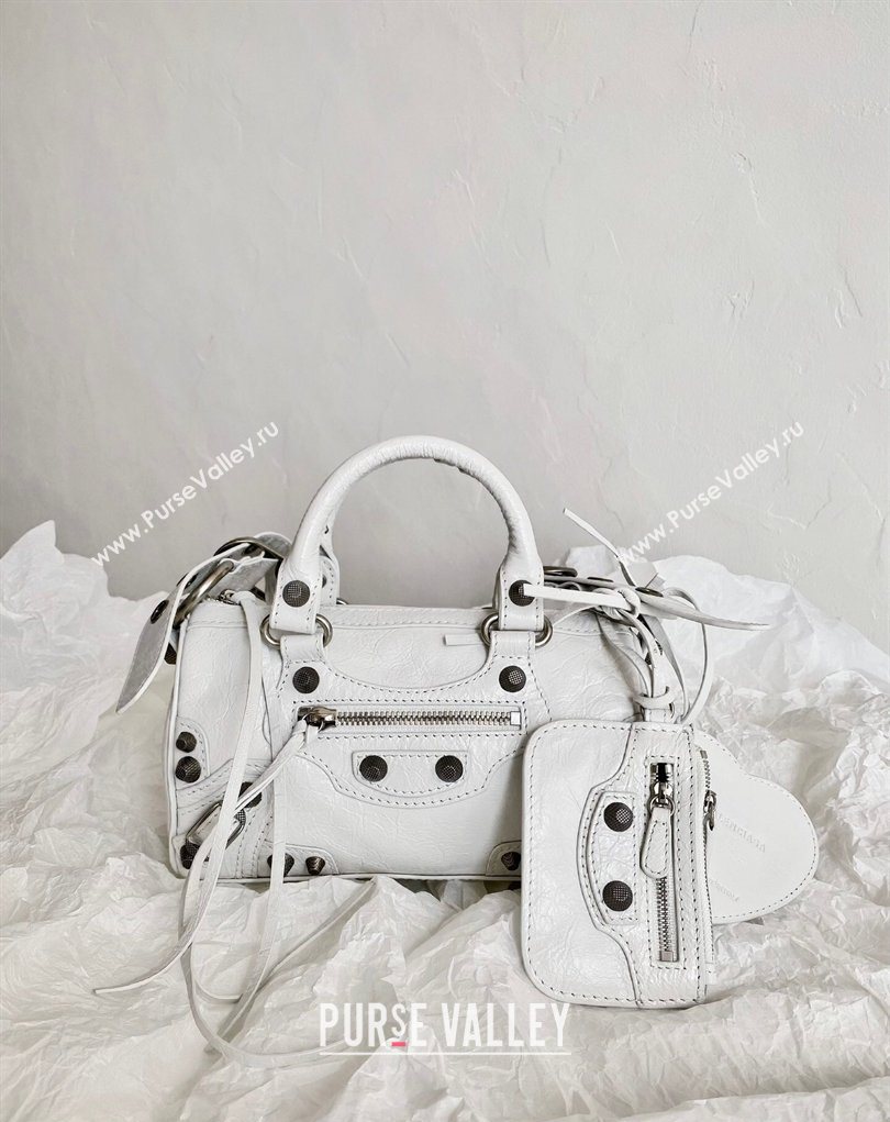 Balenciaga Le Cagole Mini Duffle Bag in white lambskin, aged-silver hardware 2026 (BI-260403037)