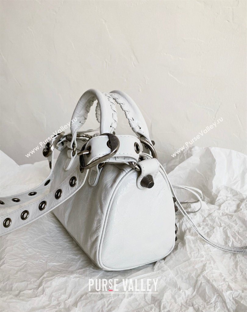 Balenciaga Le Cagole Mini Duffle Bag in white lambskin, aged-silver hardware 2026 (BI-260403037)