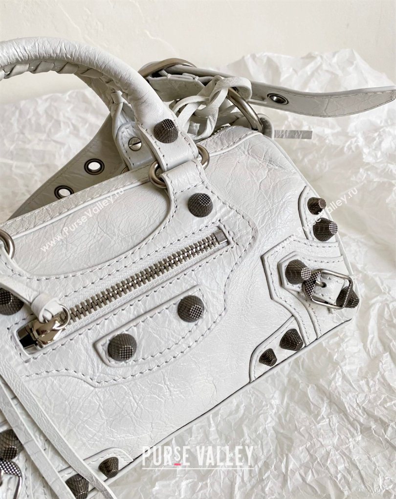 Balenciaga Le Cagole Mini Duffle Bag in white lambskin, aged-silver hardware 2026 (BI-260403037)