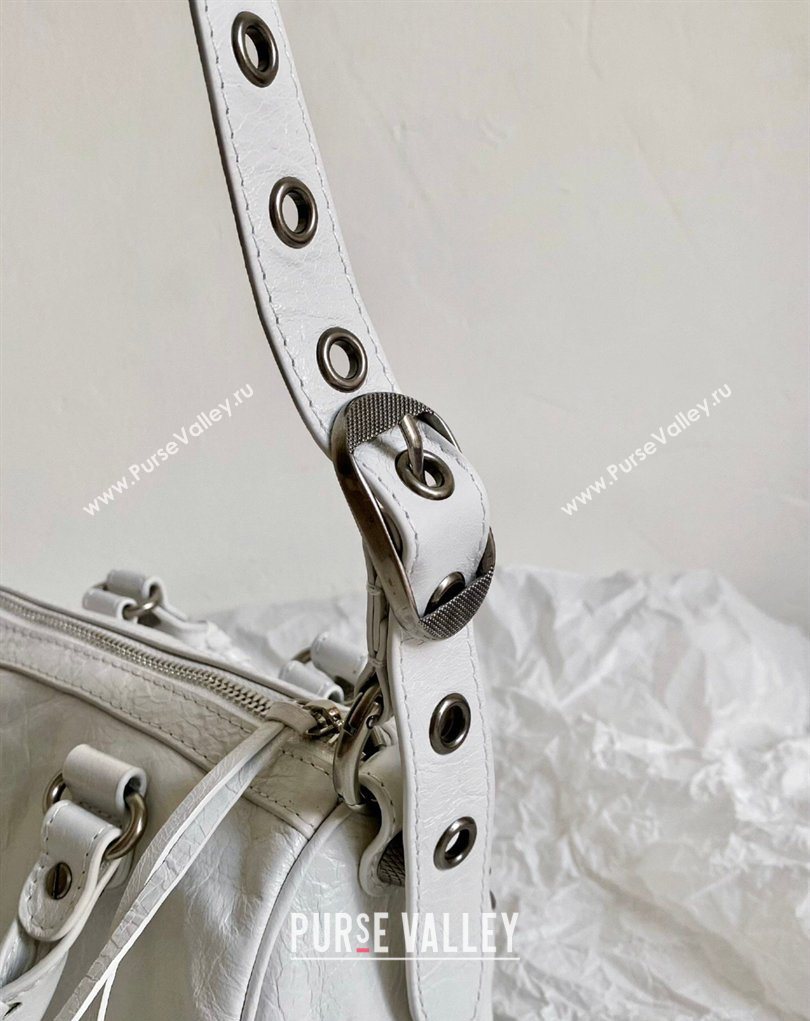 Balenciaga Le Cagole Mini Duffle Bag in white lambskin, aged-silver hardware 2026 (BI-260403037)