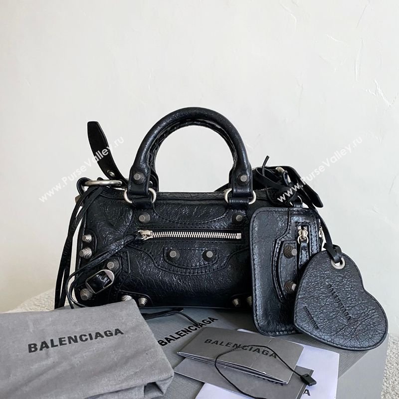 Balenciaga Le Cagole Mini Duffle Bag in black lambskin, aged-silver hardware 2026 (BI-260403038)
