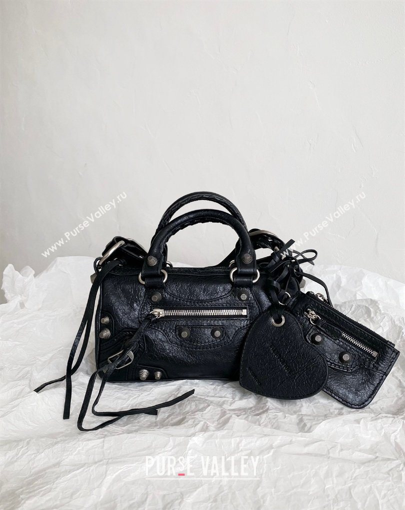 Balenciaga Le Cagole Mini Duffle Bag in black lambskin, aged-silver hardware 2026 (BI-260403038)