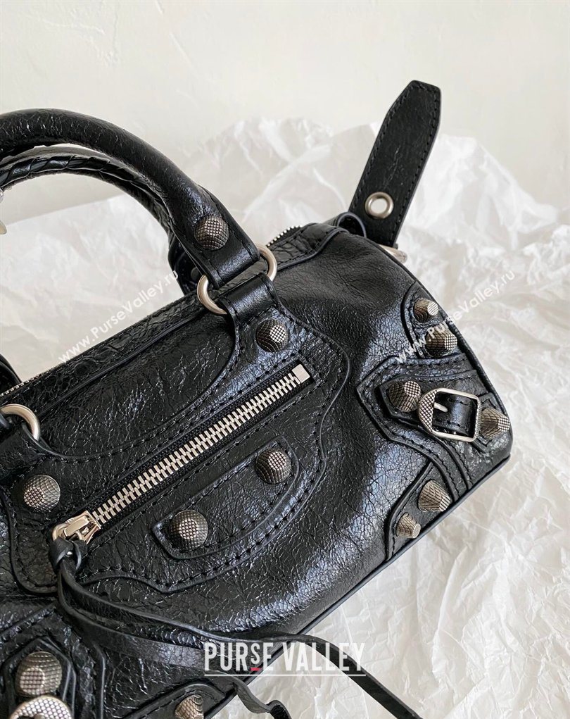 Balenciaga Le Cagole Mini Duffle Bag in black lambskin, aged-silver hardware 2026 (BI-260403038)