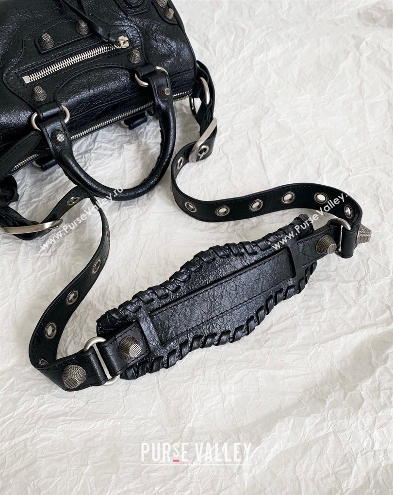 Balenciaga Le Cagole Mini Duffle Bag in black lambskin, aged-silver hardware 2026 (BI-260403038)