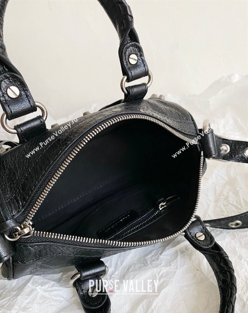 Balenciaga Le Cagole Mini Duffle Bag in black lambskin, aged-silver hardware 2026 (BI-260403038)